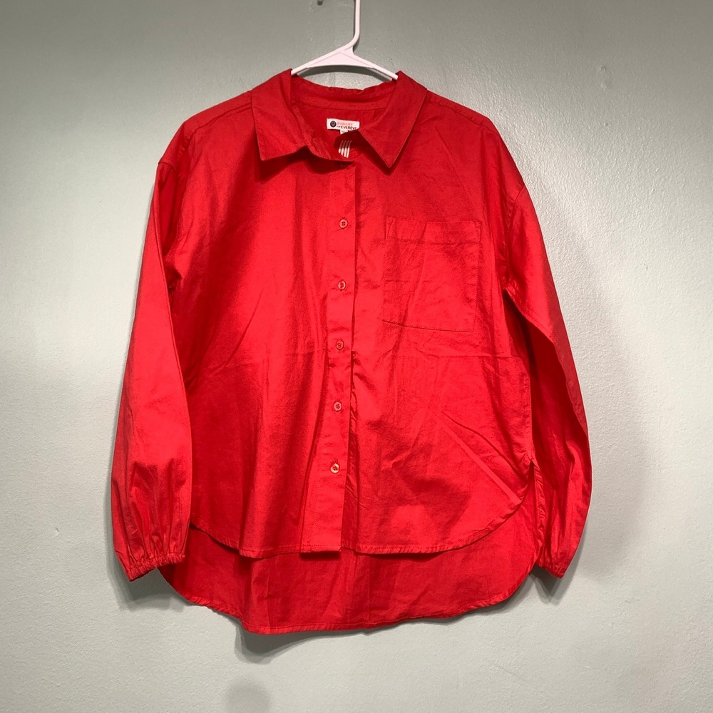 Sundry Womens‎ 1 Small Button Down Shirt High Low Red Cotton Stretch Evereve
